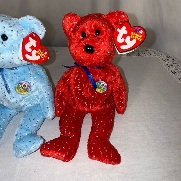 TY Beanie Baby Trio – Signature 2001 & Decade 2003 Bears – Confetti, Blue & Red - Picture 4 of 13